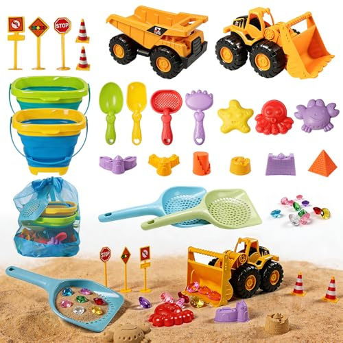 UBeesize 37 PCS Beach Toys , 3-in-1 Construction & Treasure Hunt Sand Toys with 2 Collapsible Buckets, 2 Trucks, Castle Building Kit, Sand Sifter and Shovels, Mesh Bag Sandbox Toys for Toddler 3-10