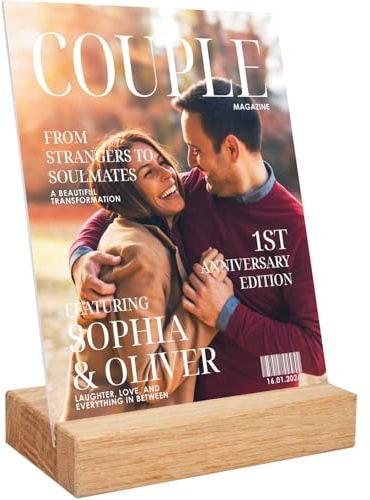 GRAVURZEILE Personalisiertes Acrylglas - Love Magazine - Personalisiert mit Name & Datum - Dein Foto als anpassbares Magazin Cover - Fotogeschenk für Paare zu Valentinstag, Hochzeit & Jubiläum