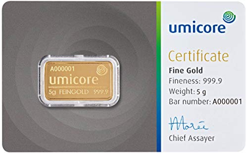 5 Gramm Goldbarren Umicore + Echtheitszertifikat - 5 g Gold - Feingold 999.9 - Prägefrisch - LBMA Zertifiziert