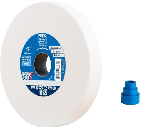 PFERD Schleifbockscheibe HSS, 175x25x32mm, A80, 39009700 – Mittelharte Schleifscheibe zum Schärfen von HSS-Bohrern, mit Reduzierhülsen (25/20/16mm)