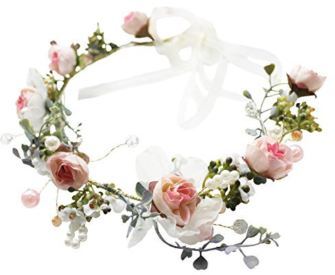 Brikuinr Rose Halo Flower Wreath Crown Floral Hair Garland Headpiece with Ribbon Boho Festival Wedding Pink, One Size