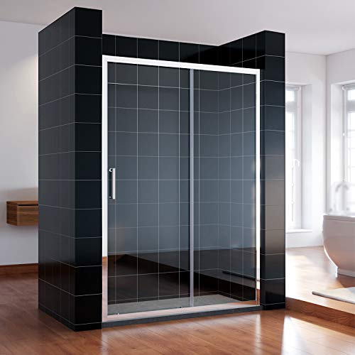 SONNI Schiebetür für Nische aus 5 mm ESG-Glas, Silber, 150 × 185 cm | Leichtgängiges Schiebesystem, silber eloxiertes Doppelprofil, Edelstahlgriff, beidseitig montierbar