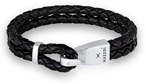 Kuzzoi Armband Herren Lederarmband 13 mm aus Leder geflochten Leder | Armband in Braided-Optik Maskuliner Hacken- Verschluss 925 Silber breit