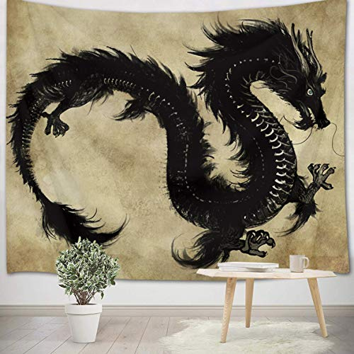 LB 150x130cm Wandteppich Schwarzer Drache Wandtuch Altes Legendäres Tier Wandbehang Chinesischer Stil Tapisserie für Wohnzimmer Schlafzimmer Wohnheim Wanddeko