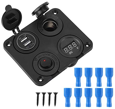 Pannello Interruttori a Levetta, 12V 4 Gang LED Pannello Interruttori a Levetta Voltmetro Accendisigari Dual USB per Barca Auto(blu)