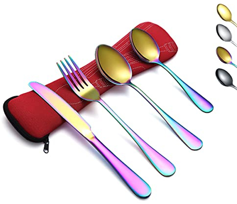 Evanda Portable Utensils, Travel Camping Cutlery Set, Stainless Steel Flatware Set Travel Silverware Dinnerware Set Fork Spoon Knife with a Portable Case (Rainbow)