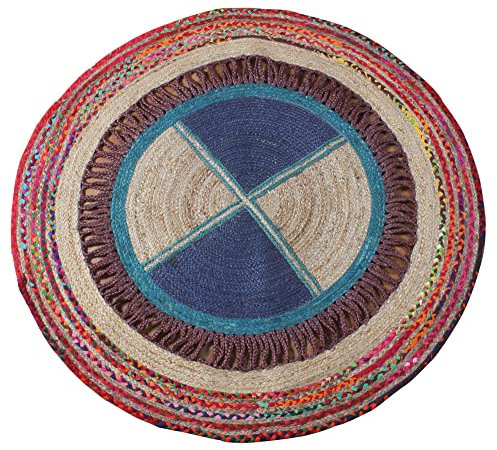 CASAVANI Handgefertigt Rund Teppich Outdoor Fußmatten Baumwolle Jute Teppich Geflochten Chindi Bodenteppich Küche Wohnzimmer Teppich Jute Teppich 120 x 120 cm (4 x 4 Fuß im Quadrat)