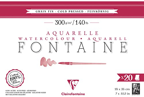 Clairefontaine 975449C Bloc Encollé 4 Côtés Fontaine - 20 Feuilles Papier Aquarelle Blanc 100% Coton Grain Fin Qualité Professionnelle 18x26 cm 300g