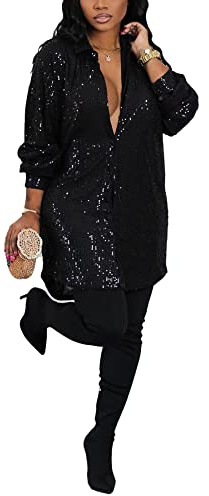 Sequin Dress for Women Sparkle Glitter Evening Lapel Collar Button Down Casual Blouse Top Shirt Dresses 1-Black X-Large