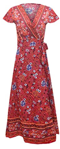 ERFMFKL Vestito floreale lungo del fiore della boemia del manicotto delle signore del vestito da partito delle donne, Rosso 01, M
