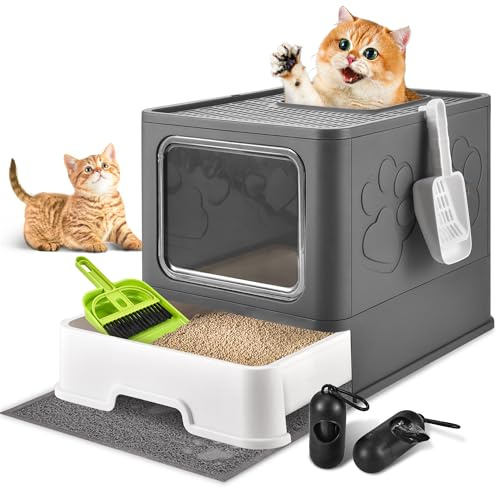 Homagico Cat Litter Box with Litter Mat, Foldable Extra Large Free in and Out/One-Way with Lid, Drawer Type Enclosed Kitty Litter Box,Odor Control Anti-Splashing Easy Cleaning (Dark Grey)