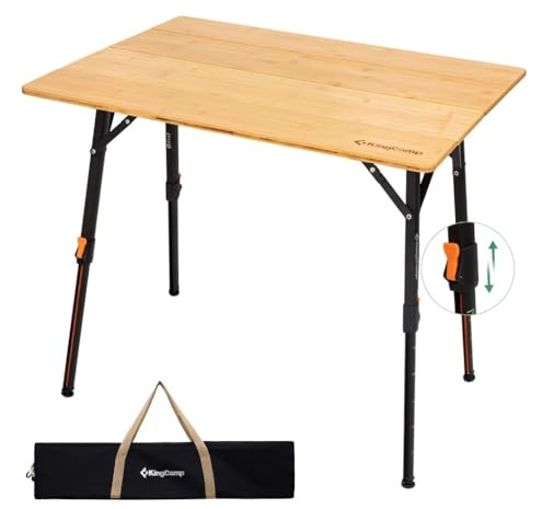 KingCamp Bamboo Folding Table, 4-Fold Camping Adjustable Height Portable Outdoor Lightweight & Compact Table with Aluminum Frame for RV Picnic BBQ Tailgating