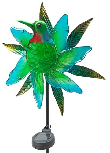 Hummingbird Wind Spinner Garden Decor, Metal Wind Spinner Lights Outdoor Solar Garden Decor, Lighted Pathway Yard Spinner Wind Sculpture, Solar Powered Path Lights Kinetic Wind Catcher for Outside