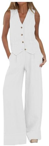 2 Teiler Damen Loungewear Damen Set Zweiteiler Damen Elegant Leinen Passende Sets Trainingsanzug Knopf Tank-Tops Und Hose mit Weitem Bein Business Arbeit Streetwear Sommer Business Set Damen Outfit