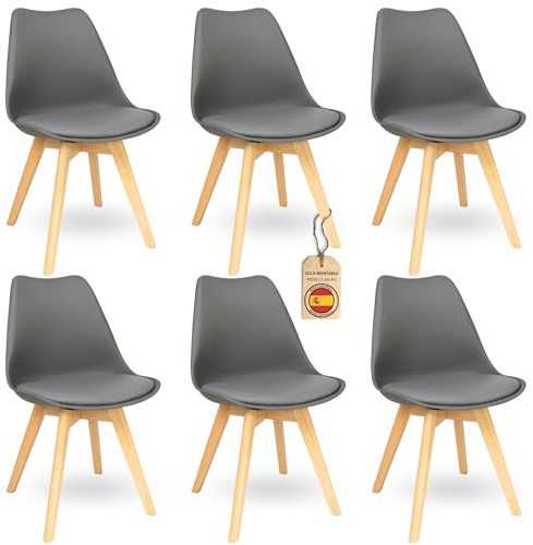HOME DESIGN & CONFORT ®Sillas de Comedor Nórdicas con Respaldo Ergonómico con Material PU y Patas con 2,8cm de Anchura | Sillas de Cocina con Madera de Haya Maciza (6 Sillas Grises)