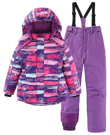 Hiheart Girls 2 Piece Snowsuit Waterproof Warm Ski Jacket and Pants Set Purple Flower 6-7