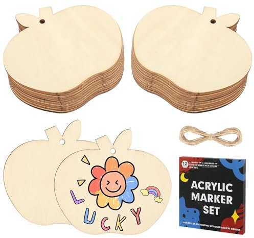 DELAESI Lot de 20 pendentifs en bois en forme de pomme - Avec marqueurs acryliques en forme de pomme - Pour mariage, anniversaire, Noël