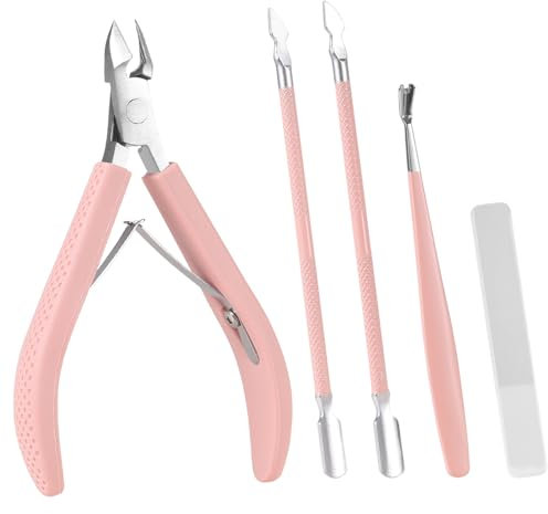 Arcjunys Lot de 4 pinces à cuticules et repousse-cuticules en acier inoxydable professionnel pour ongles des doigts et des orteils - Rose