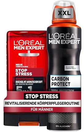 L'Oréal Men Expert revitalisierendes Körperpflegeset für Männer, Mit XXL Deospray und Duschgel, Set für Herren mit aromatischem Duft und Karbon, Carbon Protect, Stop Stress, 2-teilig