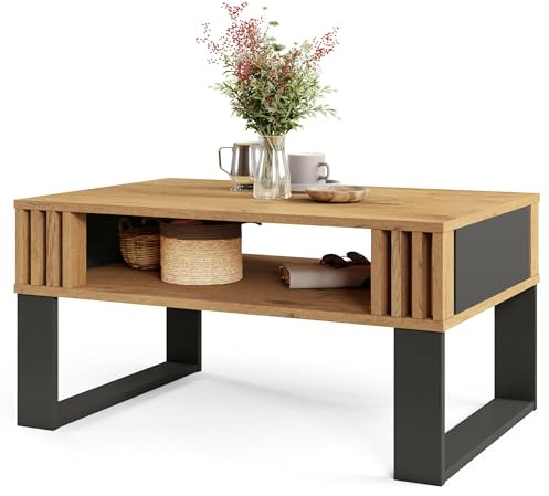 Viosimc Table Basse Moderne avec Lattes Bois Décor - Design Fonctionnelle, Élégante et Pratique - Salon Rectangulaire avec Étagère et Style Contemporain (Oak Lancelot Anthracite)