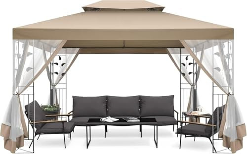 Gartenpavillon Mit Moskitonetz Pavillon 3x4 Wasserdicht Stabil Winterfest Pavillon Metall Winterfest Sturmfest Garten Pavillon Wetterfest Gazebo Pavillon Metall Pavillon FüR Terrassen, Khaki