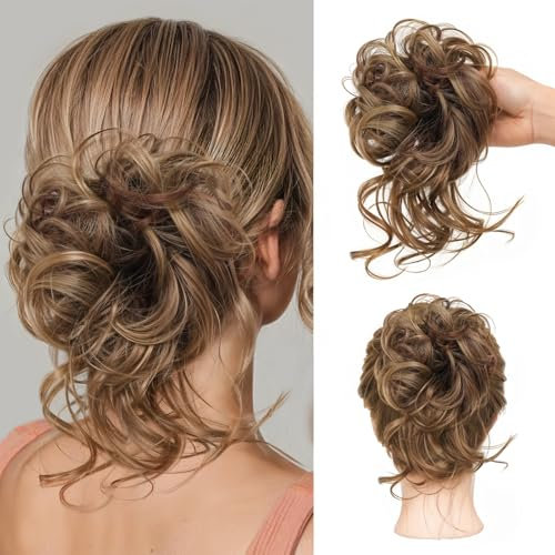 Mtuihfo Messy Bun Hair Piece, Curly Wavy Hair Buns Hair Piece - Tousled Updo Fake Hair Bun - Synthetic Messy Bun Scrunchie Hairs Pieces for Women Girls (Light Brown)