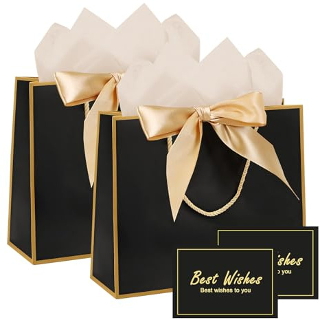 TACHIO 2er Set Papier Geschenktaschen mit 4 Seidenpapierbögen und 2 Karten, Personalisierte Geschenkbeutel mit Band für Frauen/Männer Geburtstag, Hochzeit, Taufe, Party 28x10x20cm(Schwarz)