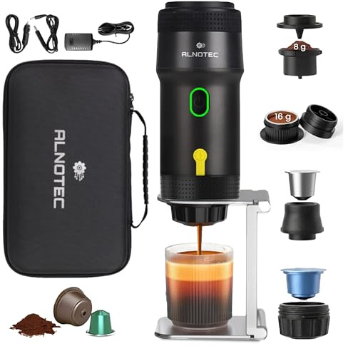 ALNOTEC Machine à Café Portable Expresso 20 Bars Rechargeable, Compatible Capsules NES®, DG® et Café Moulu, 2 Adaptateurs Café Moulu 8g/16g, USB, Voiture et 220V, Housse+Support
