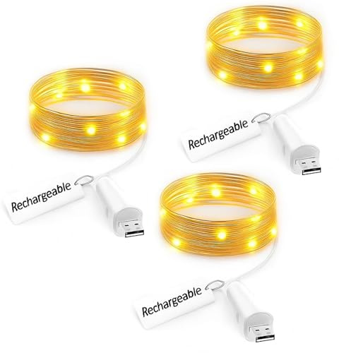 Umiwe Luci LED Ricaricabili – Filo di Rame con Alimentazione USB per Decorazioni DIY, Camera da Letto, Matrimonio e Natale(Caldo, 3Pack)