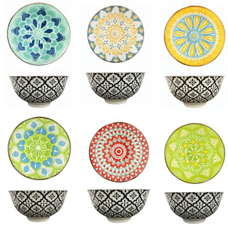 Haayymo Patterned Cereal Bowl Set of 6, 4.75 Inch, Ceramic Bowls,Porcelain DessertBowls, BreakfastBowls for Ice Cream, Rice, Soup, Dessert, Microwave and Dishwasher Safe(Colored)