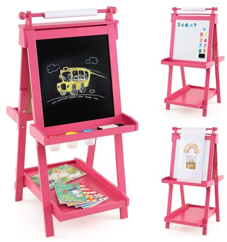 COSTWAY Kids Wooden Art Easel, Double-Sided Height Adjustable Children Easels with Paper Roll, Blackboard, Magnetic Whiteboard, 3 Paint Cups, Folding Drawing Board for Boys Girls (Pink)