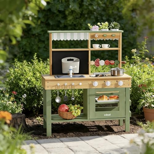 ROBUD Cocina de Madera para Niños, Cocina de Juguete con Fregadero Extraíble, Pizarra, Horno, Tazas para Café y Plantas, Juguete para Exterior para Barbacoas, Regalo para Niños y Niñas de 3+