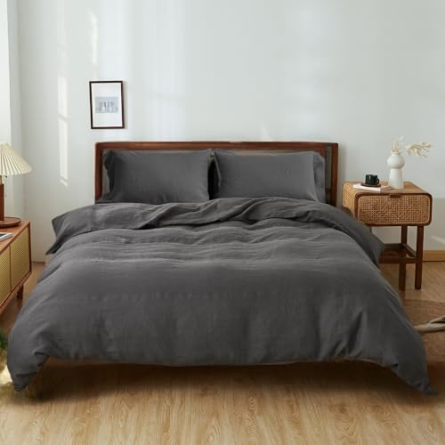 QKTE 100% Linen Duvet Cover Set, 3 PCS Natural French Flax Dark Grey Duvet Cover Queen Size, Breathable Soft Comfy Linen Bedding Comforter Cover with 2 Pillowcases(Dark Grey, 88 x 92)