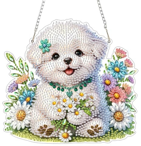 GHHKUD Hunde Blumen Diamond Painting Fensterbilder Beidseitige, Diamond Painting Anhänger mit Kette, Diamant Malerei Bilder Kristall Fensterbilder, Wandbehang Kit für Eingang und Fenster Wand Decor