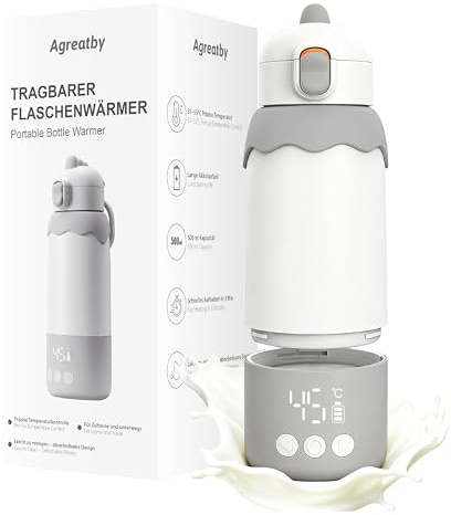 Portable Baby Bottle Warmer for Travel 500ml – Fast Heating & Precise Temperature Control, Long Battery Life, Detachable & Easy Clean, with Pasteurization Function for Breast Milk & Water