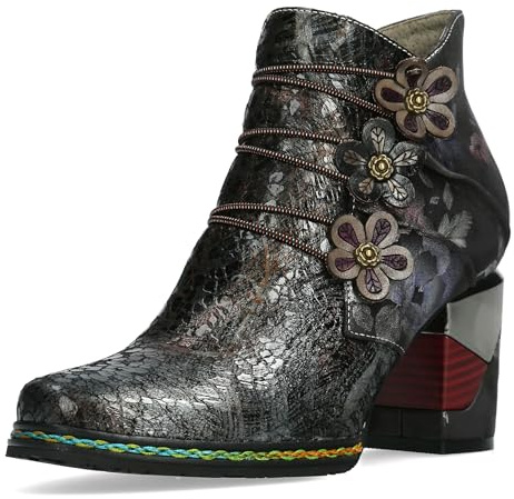 Laura Vita Damen Stiefelette Leder mit Blütenapplikation und Nieten Maevao 21, Größe:38 EU, Farbe:Schwarz