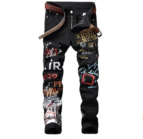 WAZHAKU Pantalon en jean en denim pour homme Style moto blanc noir Bike Straight Hip Hop Punk Rock Streetwear Jean déchiré Slim Fit Jean stretch imprimé Pantalon en denim Bootcut, O Noir., 34