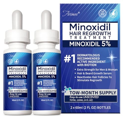 5% Minoxidil Hair Growth Serum for Men & Women with Biotin: Minoxidil for Men and Women, 5 Percent, Hair Regrowth Treatment, Extra Strength (4 FL OZ, Dropper 2pcs)
