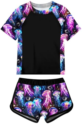 Fanient Girls Swimming Costume Kids UV Sun Protection Rash Guards Swimsuit Printed Swimwear Sets for Teens 8-14 Years