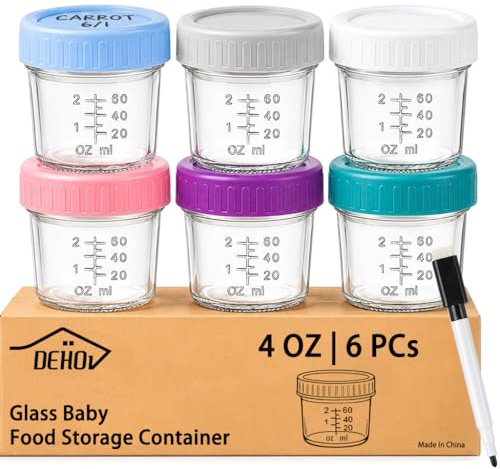 Lot de 6 pots en verre Dehov pour aliments pour bébé avec couvercles – Petits pots de conservation de 120 ml (4 oz) compatibles congélateur, étanches et de qualité alimentaire