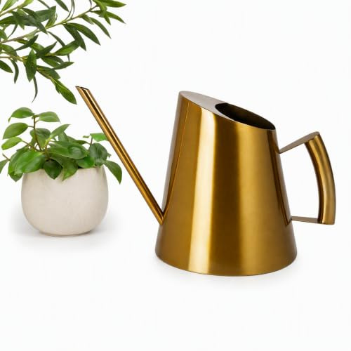Gold Edelstahl Gießkanne Zimmerpflanzen, 1.3L Langer Auslauf Blumengießkanne Metall Gartengießkanne Blumengießer mit Komfort Griff für Zimmerpflanzen Bonsai Outdoor Garten Blumenpflege