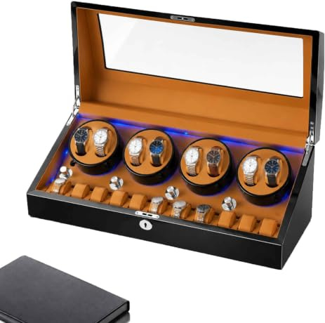 Caja Enrolladora De Relojes, Vitrina De Madera Con Rotador De Relojes | Almacena 8 Relojes De Cuerda Y 9 De Exhibición, Acabado En Madera Brillante, Funcionamiento Silencioso, Almacenamiento
