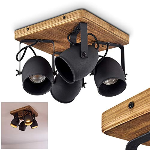 HOFSTEIN Deckenleuchte Vanuatu, verstellbare Deckenlampe aus Metall/Holz in Schwarz/Naturfarben, moderne Leuchte im Industrial/Retro/Vintage-Design, 4xGU10, Wohnzimmer, Esszimmer, Schlafzimmer, Küche
