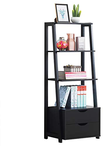 DORTALA Bookshelf Ladder Rack, 4 Tier Modern Wood Storage Display Shelving, Storage Organizer with Drawers, Bathroom Cabinet, Plant Flower Stand, Furniture Home Office, Black