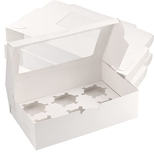 MUKCHAP 25 Pack 6 Holes White Cupcake Boxes, Rectangle Cardboard Cupcake Holder with Window, Empty 6 Cavity Bakery Carrier Box Sweet Boxes with Insert for Muffins, Pastries