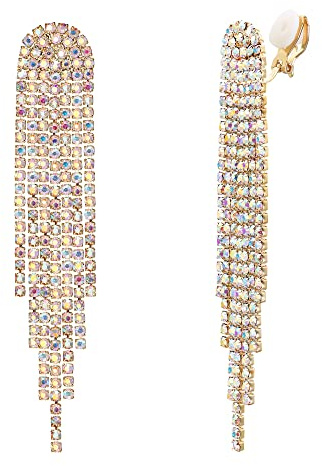 Clearine Quaste Ohrclips Mode Lange Tropfen Kronleuchter Funkeln Strass Kristall Clip-on Ohrringe für Damen Klar Silber-Ton