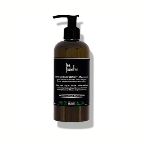 LES HUILETTES - Sapone liquido purificante - 100% origine naturale - Esfoliante con polvere di nocciolo di prugna riciclata - Per mani e corpo - Efficace contro i virus