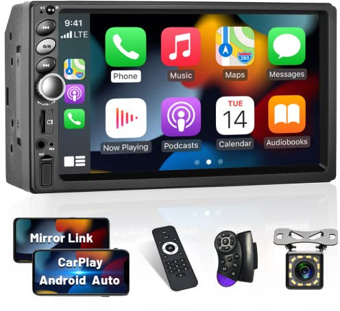 Hikity 2 Din Autoradio CarPlay Android Auto, Stereo Auto Touch Screen da 7 Pollici Blluetooth Autoradio con Retromarcia Mirror Link per Android/iOS USB AUX TF
