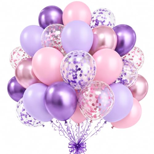 Pastel Pink and Purple Balloons, 12 Inch Light Purple Baby Pink Confetti Balloons with Metallic Lilac Latex Balloon Set for Girls Women Butterfly Birthday Baby Bridal Shower Wedding Party Decorations