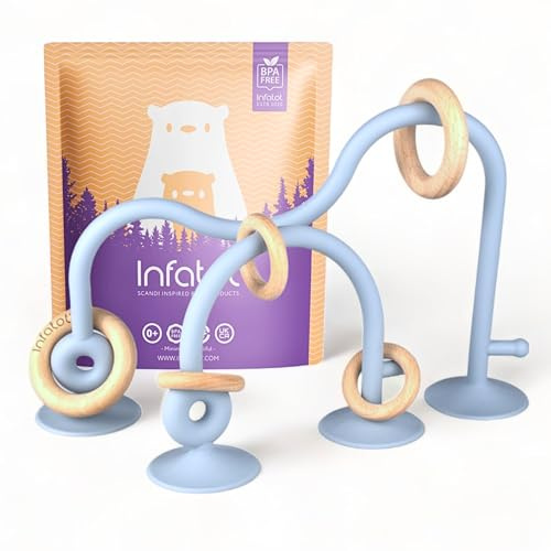 Jouets à ventouse Infatot® pour bébé de 0 à 6 mois – Jouet sensoriel de dentition en silicone et bois sans BPA, pour chaise haute, pour tout-petits et nouveau-nés - Bleu